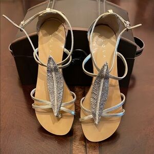 Silver T-Strap Sandals with Feather Design